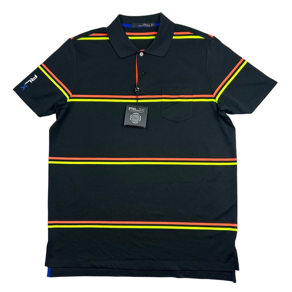 NWT RLX Ralph Lauren Polo Shirt Mens Large Black Striped Performance Golf Pocket